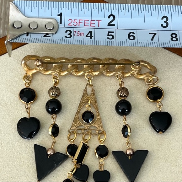 Vintage 80s Gold Tone Brooch with Black Dangling Charms - Picture 9 of 10